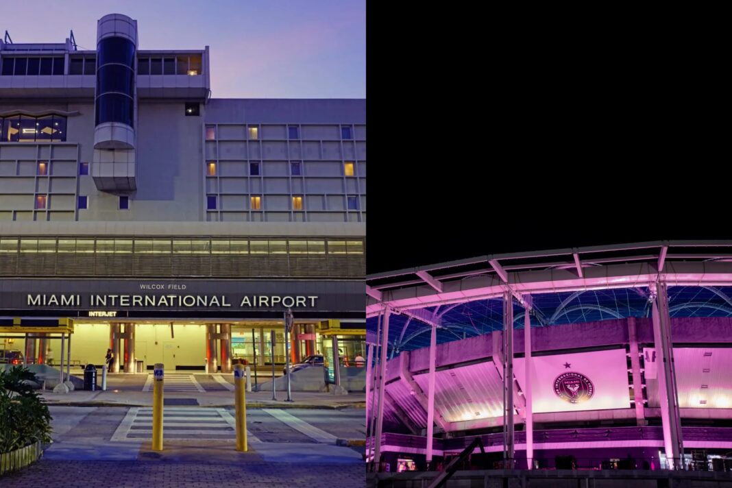 Vista aérea del nuevo NU Stadium del Inter Miami junto al Aeropuerto Internacional de Miami.
