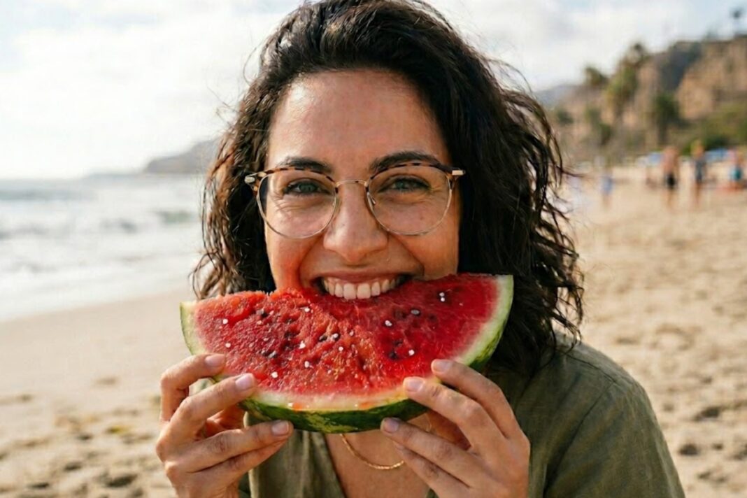 Rodaja de sandía fresca con granos de sal espolvoreados sobre su pulpa roja.