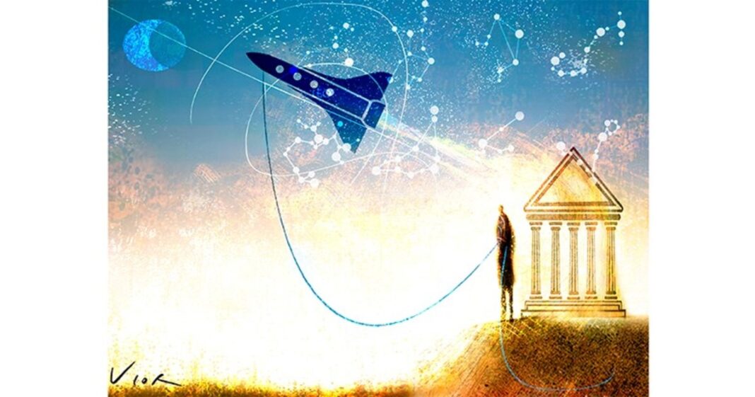 Ilustración artística que fusiona un astronauta con figuras de la mitología griega como Apolo y Artemisa, sobre un fondo estelar.