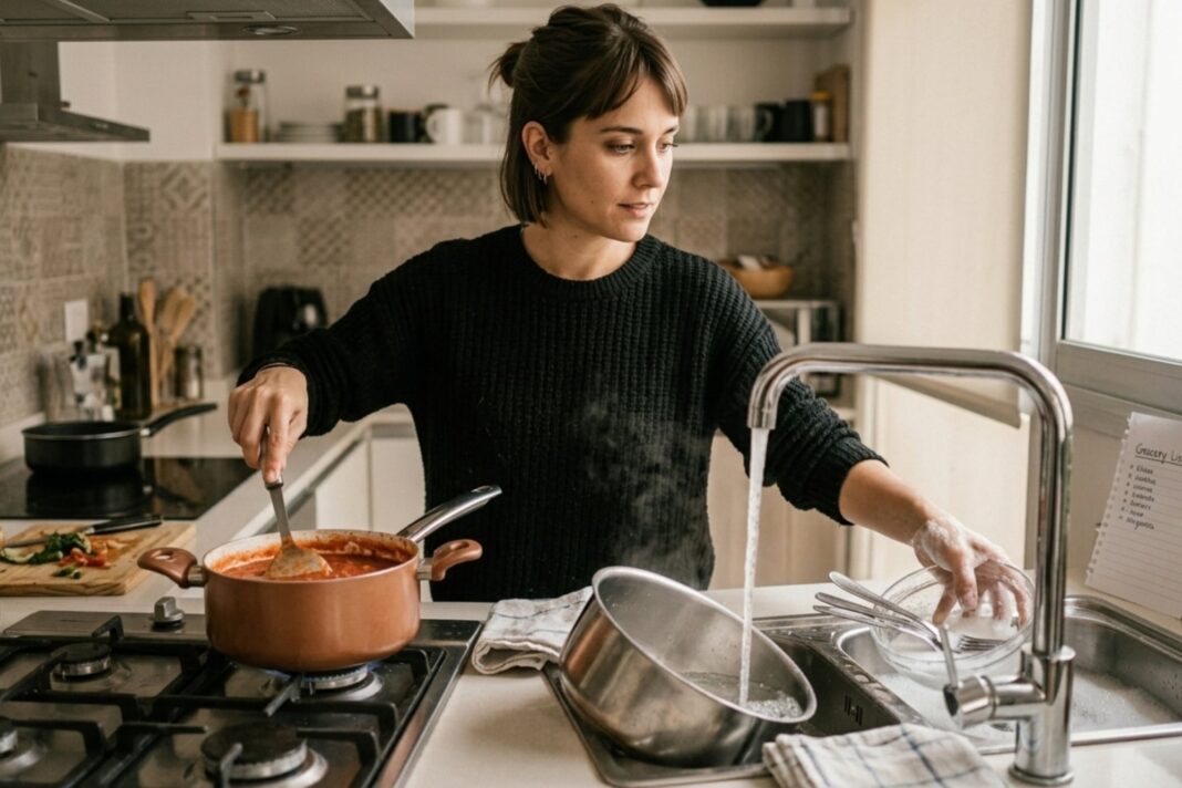 Persona lavando platos en la pileta de la cocina mientras se prepara comida.