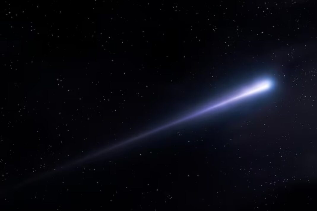 Ilustración de un cometa con cola brillante surcando el cielo nocturno estrellado.