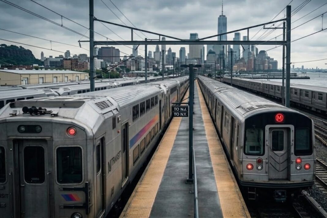 Tren de NJ Transit acercándose al estadio MetLife, sede de partidos del Mundial 2026.