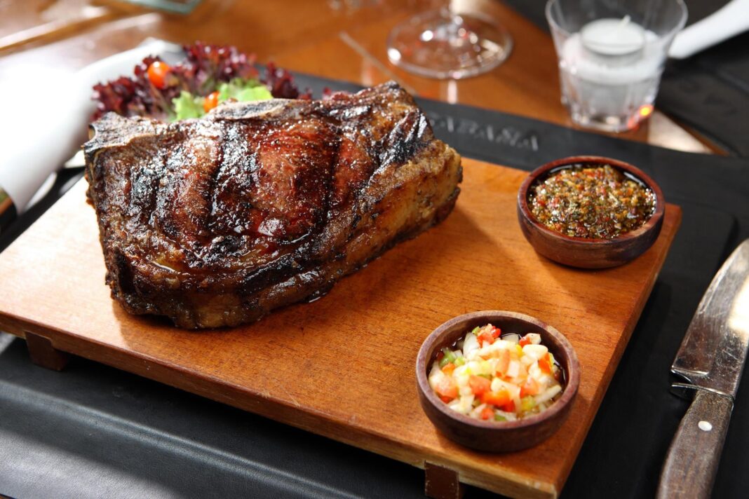 Mapa mundial con iconos de restaurantes y precios de bife de chorizo y vino Malbec en diferentes ciudades.