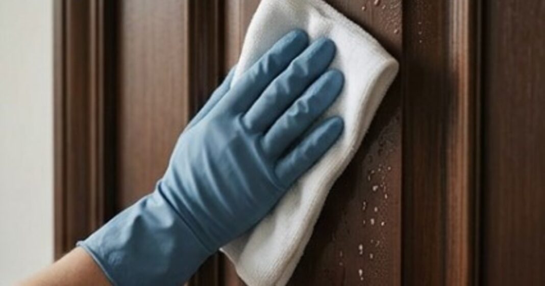 Persona limpiando la puerta de entrada de una casa con un paño y un recipiente.
