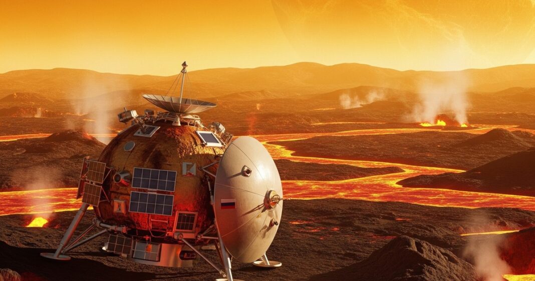 Ilustración artística de la nave espacial Venera-D de Rusia aproximándose a la superficie de Venus.