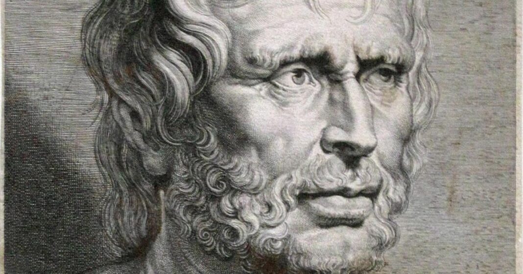 Ilustración representativa del filósofo romano Séneca y símbolos del paso del tiempo.