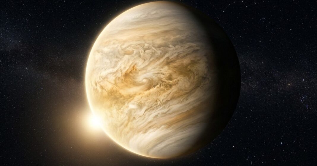 Ilustración artística del planeta Venus en el cielo nocturno, representando su movimiento retrógrado.