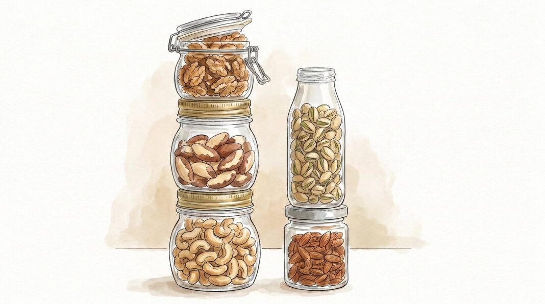 Variedad de frutos secos sobre una mesa de madera