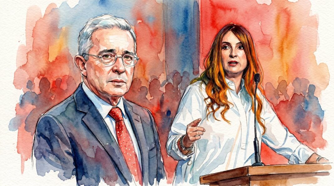 Álvaro Uribe y Paloma Valencia durante declaraciones a la prensa en Rionegro, Antioquia