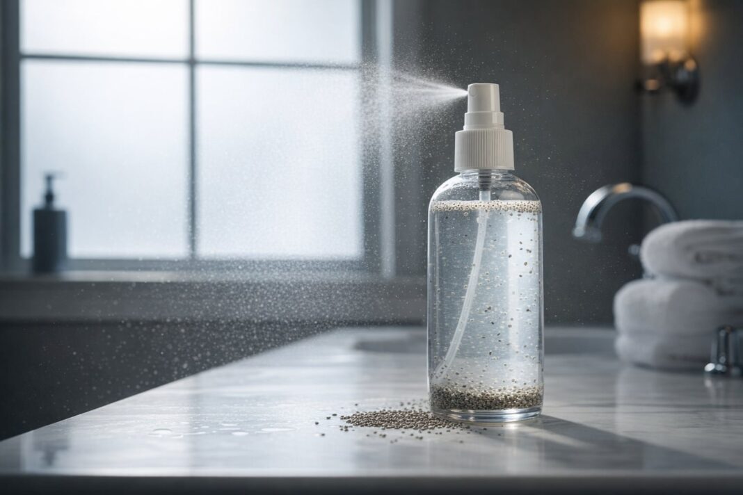 Agua con chía en un recipiente de vidrio, lista para aplicar sobre la piel del rostro