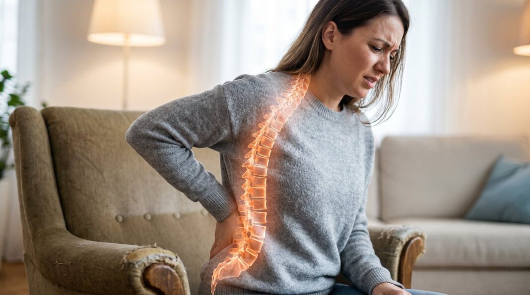 Imagen ilustrativa de columna vertebral con zona lumbar destacada