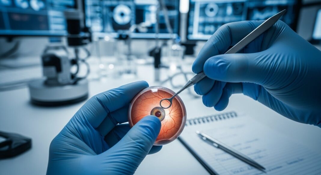 Profesional de la salud revisando un equipo de diagnóstico oftalmológico en un consultorio