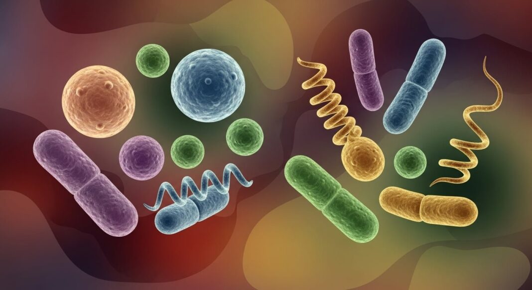 Microscopio y bacterias en laboratorio