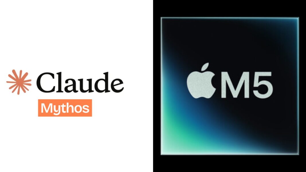 Chip M5 de Apple con un candado roto y un ícono de IA en el fondo