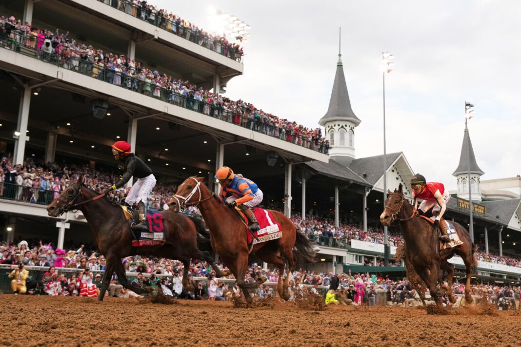 Golden Tempo cruzando la meta en el Kentucky Derby con José Luis Ortiz montado