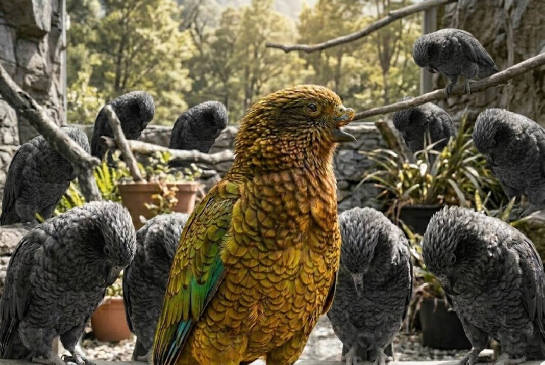 Loro kea Bruce sin parte superior del pico en la Reserva Willowbank