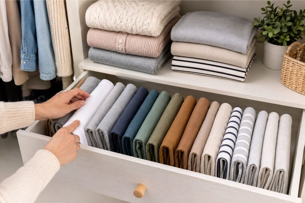 Ropa doblada en vertical dentro de un cajón organizado
