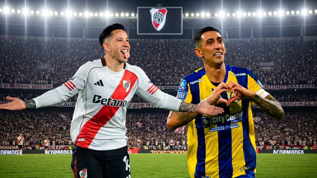 Estadio Monumental con los escudos de River Plate y Rosario Central previo a la semifinal del Torneo Apertura 2026