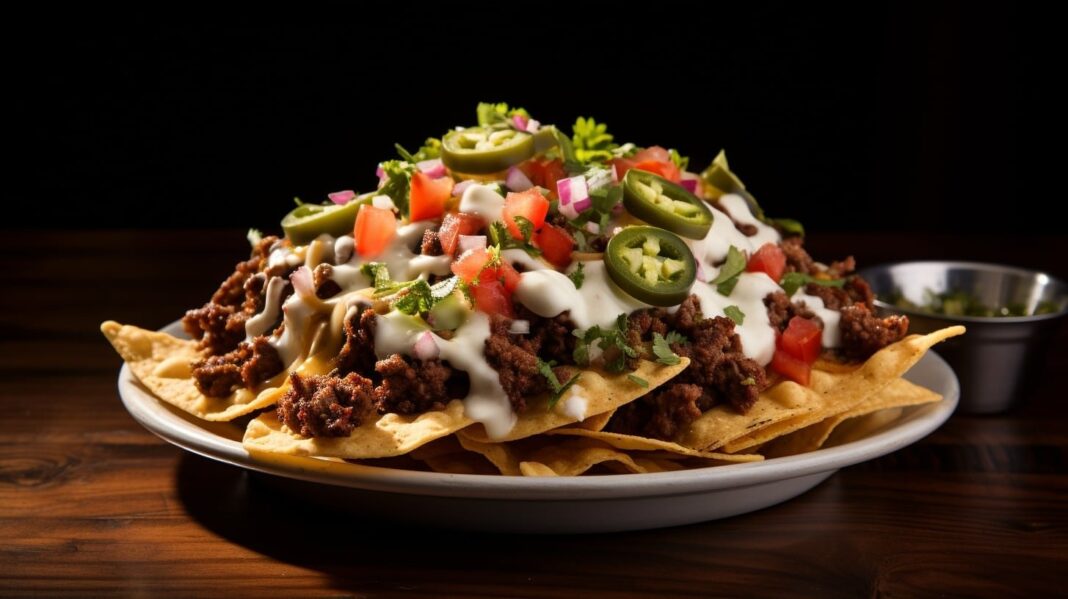 Nachos con queso derretido y rodajas de jalapeño en una bandeja
