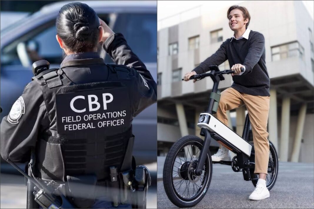 Puerto de entrada de Calexico con señal de tránsito y scooters eléctricos