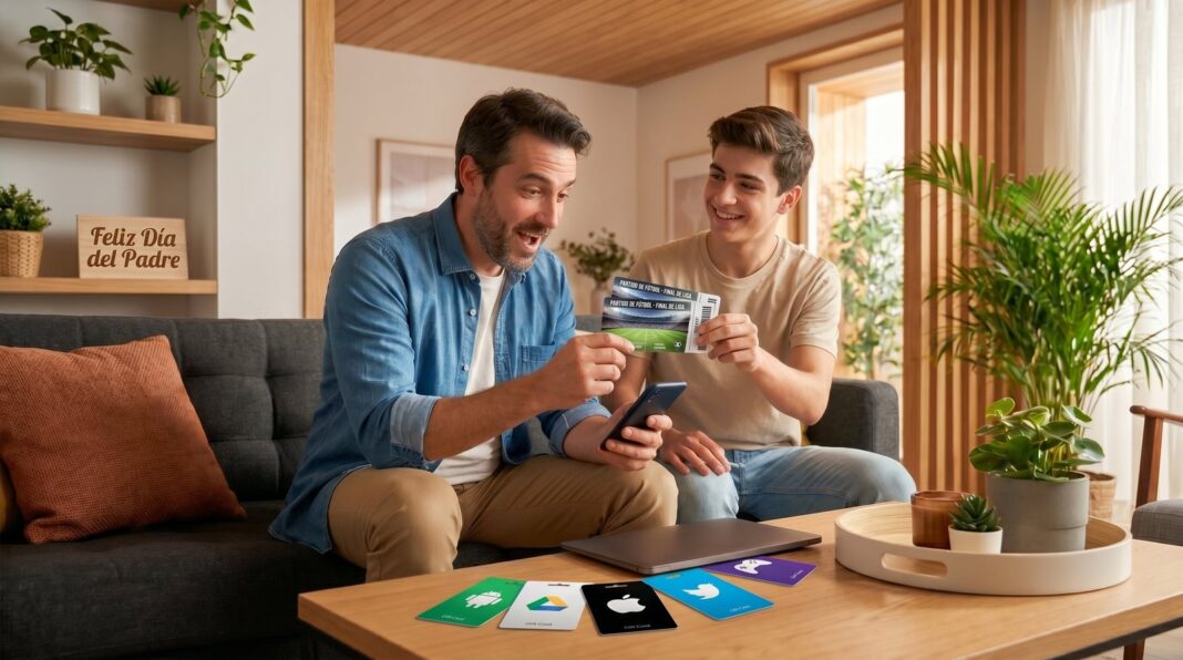 Hombre usando un teléfono inteligente con una tarjeta de regalo digital en la pantalla