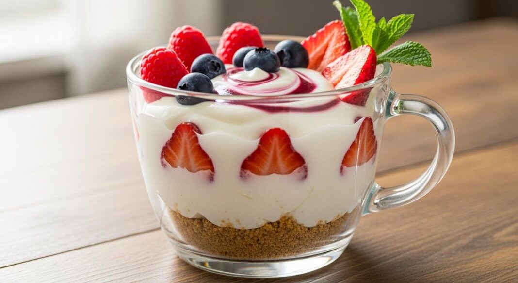 Tarta de yogur en taza con frutas y canela