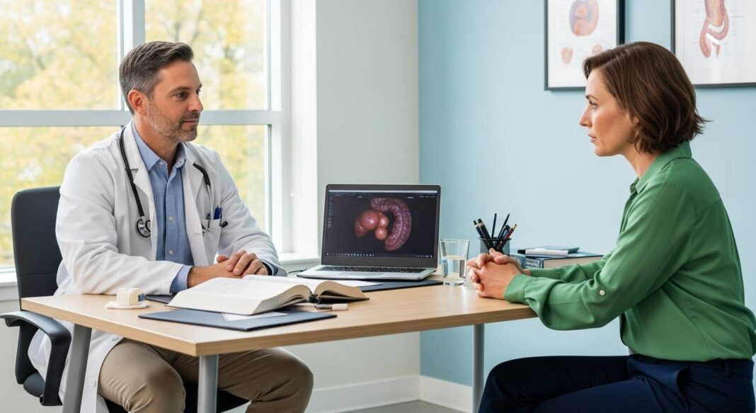 Médico realizando evaluación nutricional a paciente oncológico