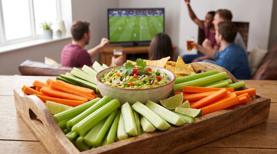 Guacamole casero servido en un tazón acompañado de bastones de zanahoria, pepino y apio