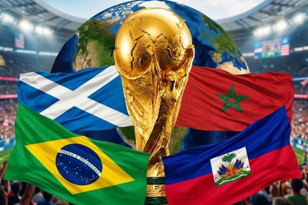 Estadio con banderas de países participantes en el Mundial 2026