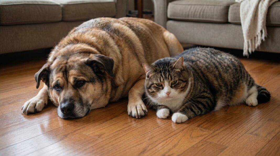 Perro y gato con sobrepeso en consulta veterinaria