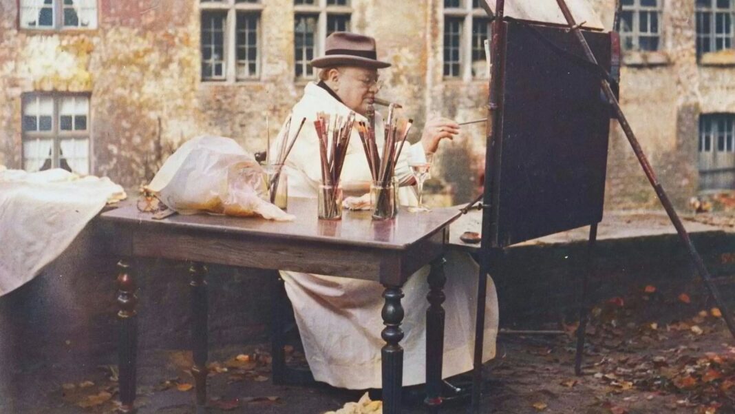 Pintura de Winston Churchill mostrando un paisaje urbano de Jerusalén al atardecer
