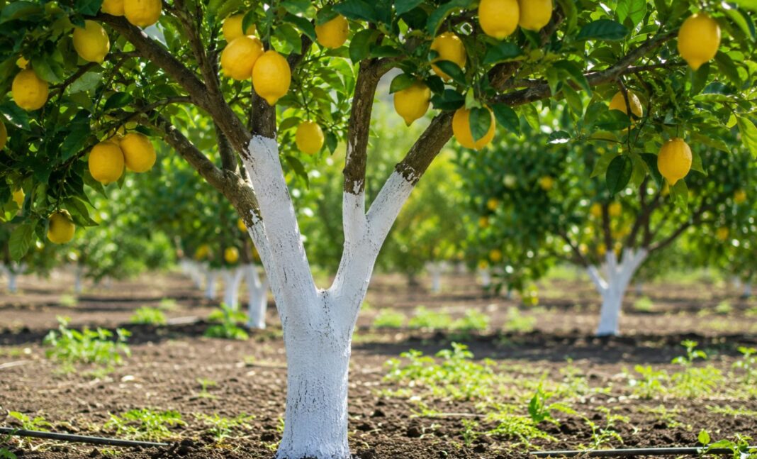 Tronco de limonero pintado de blanco desde la base hasta las primeras ramas