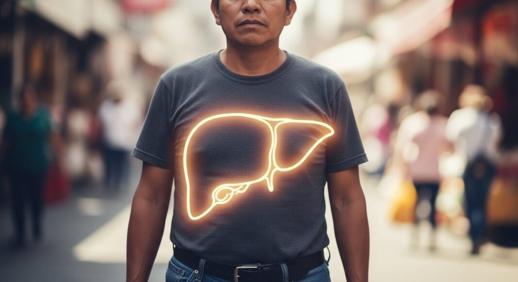 Imagen ilustrativa de un hígado con grasa y equipo de ultrasonido