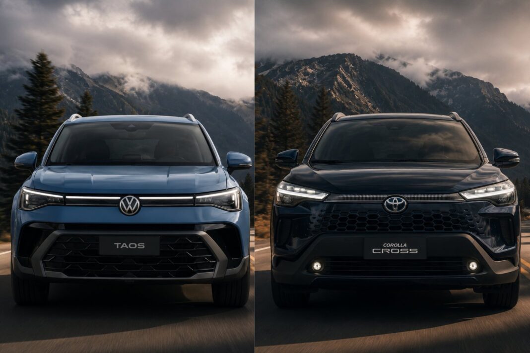 Volkswagen Taos y Toyota Corolla Cross estacionados en comparativa