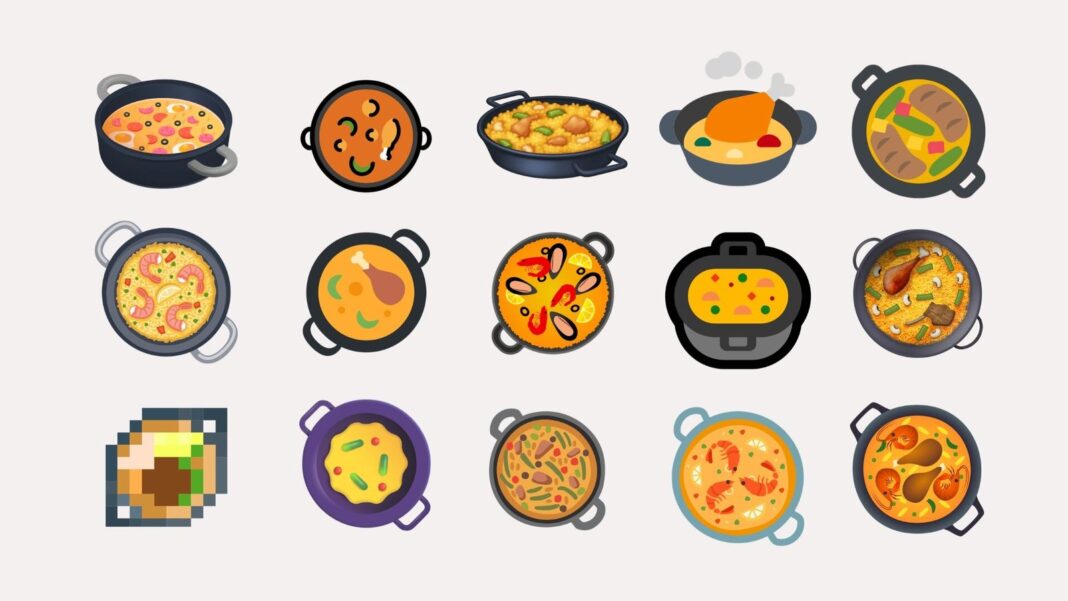 Emoji de la paella sobre fondo blanco, con ingredientes tradicionales como pollo, garrofó y ferraura