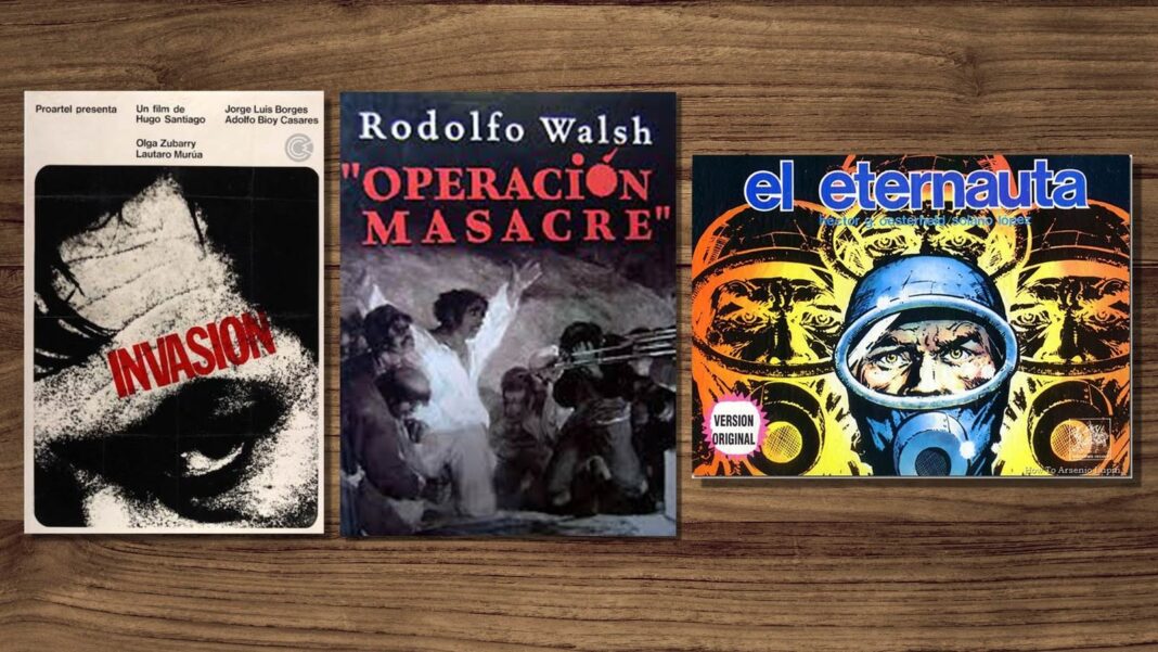 Portadas de Operación Masacre, El Eternauta e Invasión en collage representativo