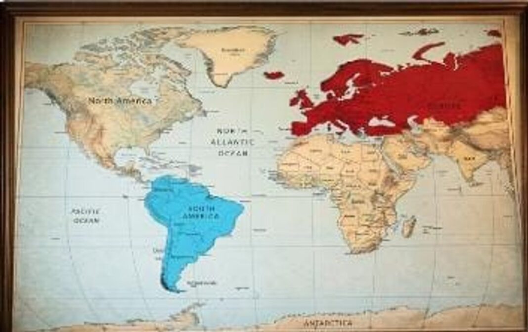 Balón de fútbol sobre césped con banderas de Argentina y España de fondo
