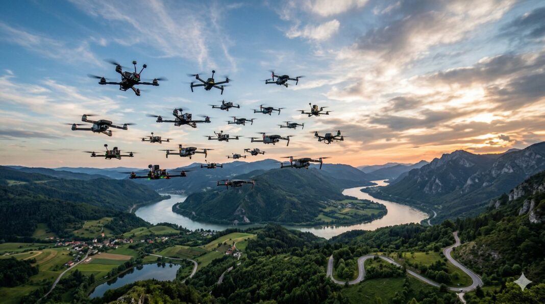 Dron sobrevolando una zona rural en Colombia