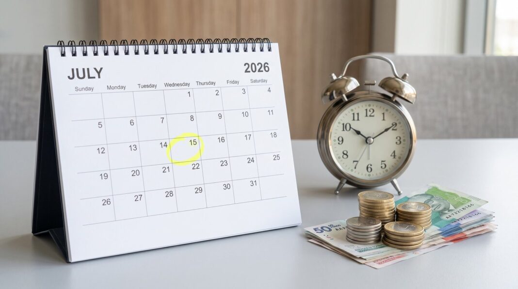Calendario con fecha 15 de julio y símbolos de trabajo nocturno y recargos