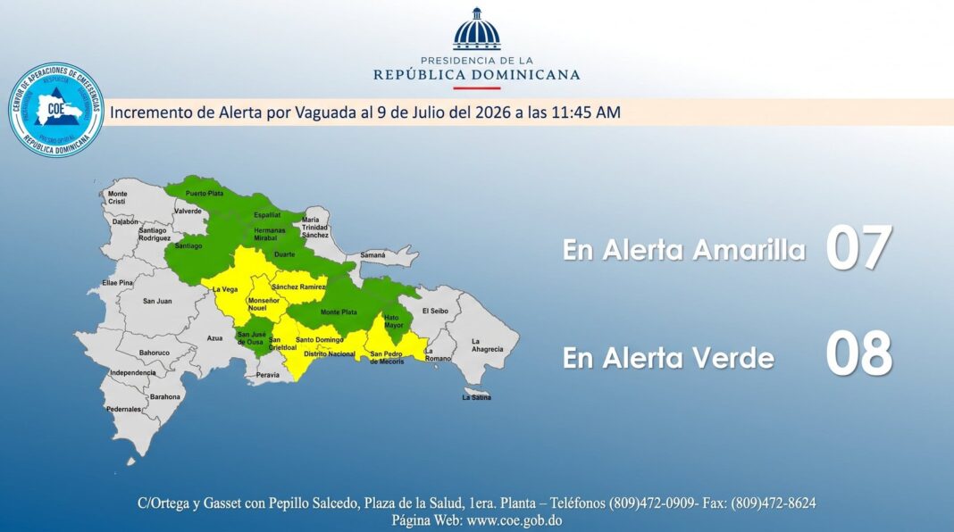 Mapa de República Dominicana con provincias en alerta amarilla y verde por lluvias