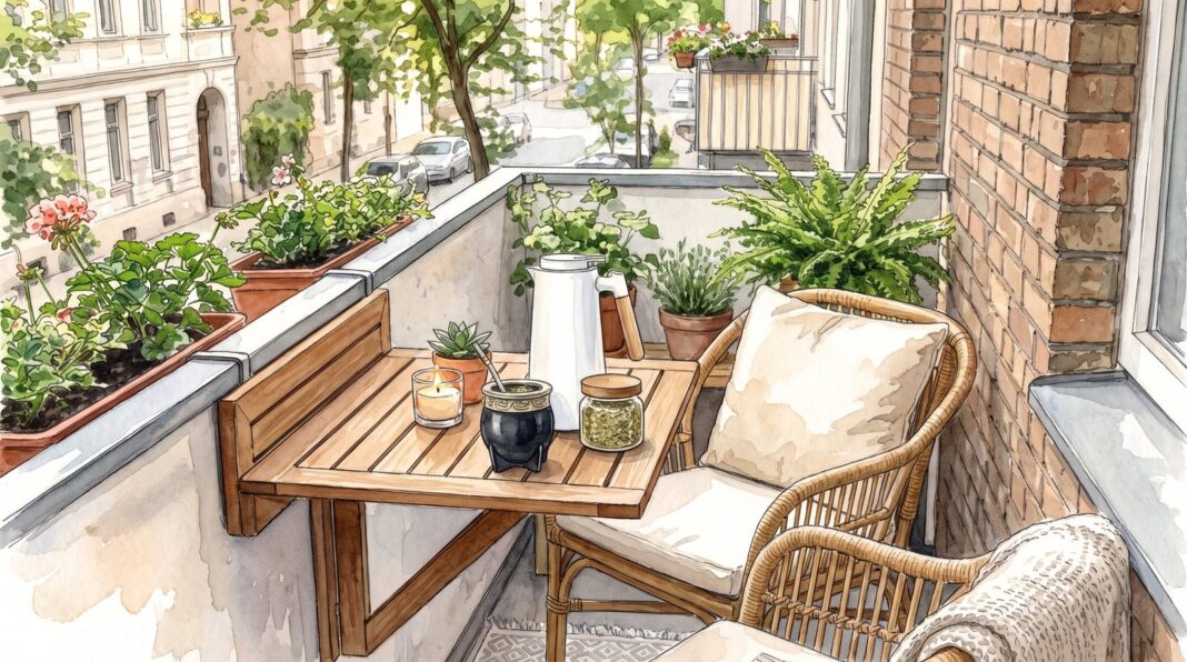Balcón pequeño con plantas y mobiliario ligero
