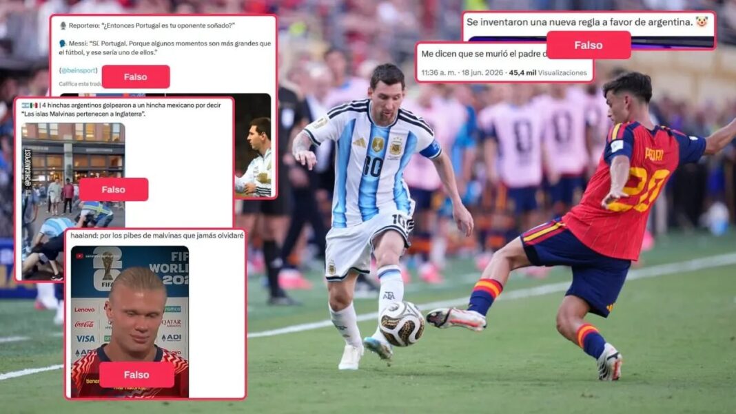 Personas mirando un teléfono móvil con la pantalla mostrando un video de fútbol y símbolos de verificación