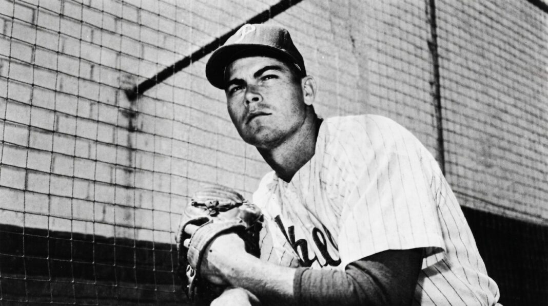 Jack Lohrke en uniforme de béisbol de los New York Giants