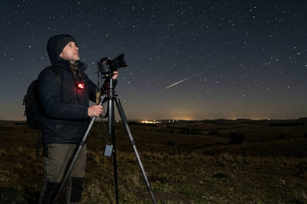 Ilustración de lluvia de meteoros sobre un paisaje nocturno