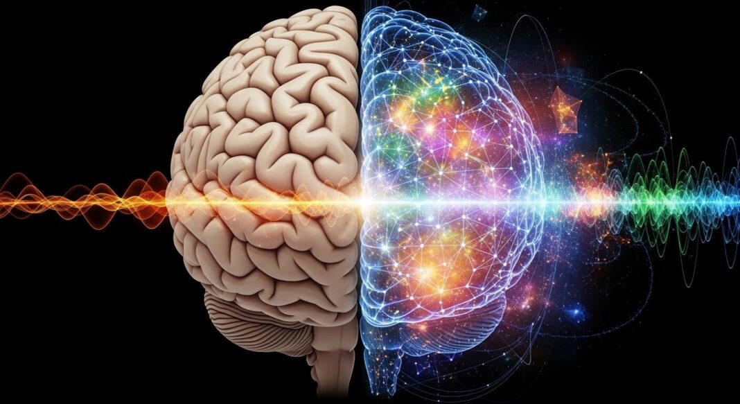 Representación de conexiones neuronales y circuitos digitales superpuestos