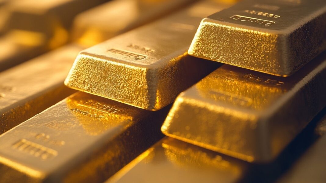 Lingotes de oro apilados sobre una superficie oscura