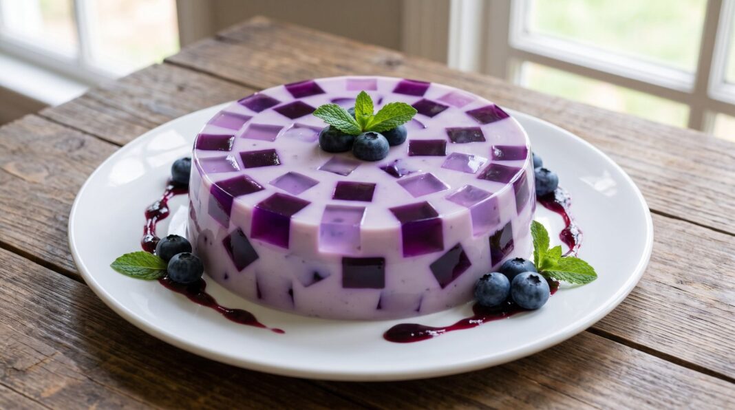 Gelatina de mosaico de blueberry con arándanos frescos y menta
