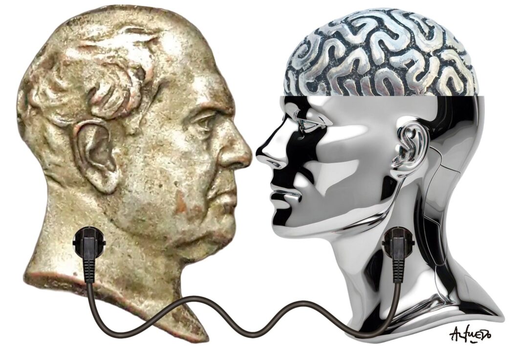 Retrato de Domingo Faustino Sarmiento junto a elementos de inteligencia artificial