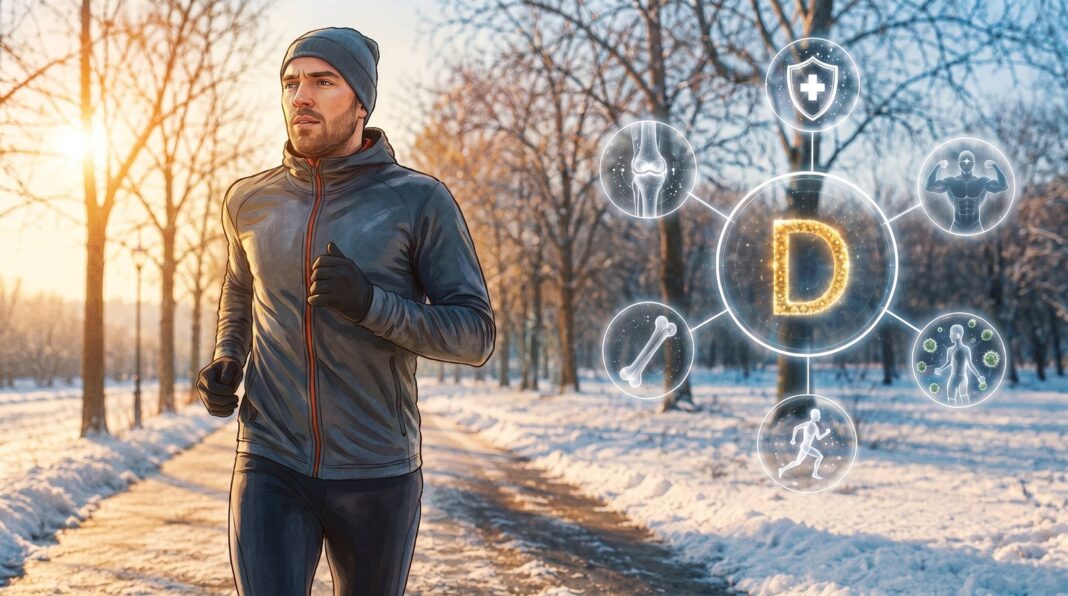 Suplementos de vitamina D y alimentos ricos en el nutriente sobre una mesa