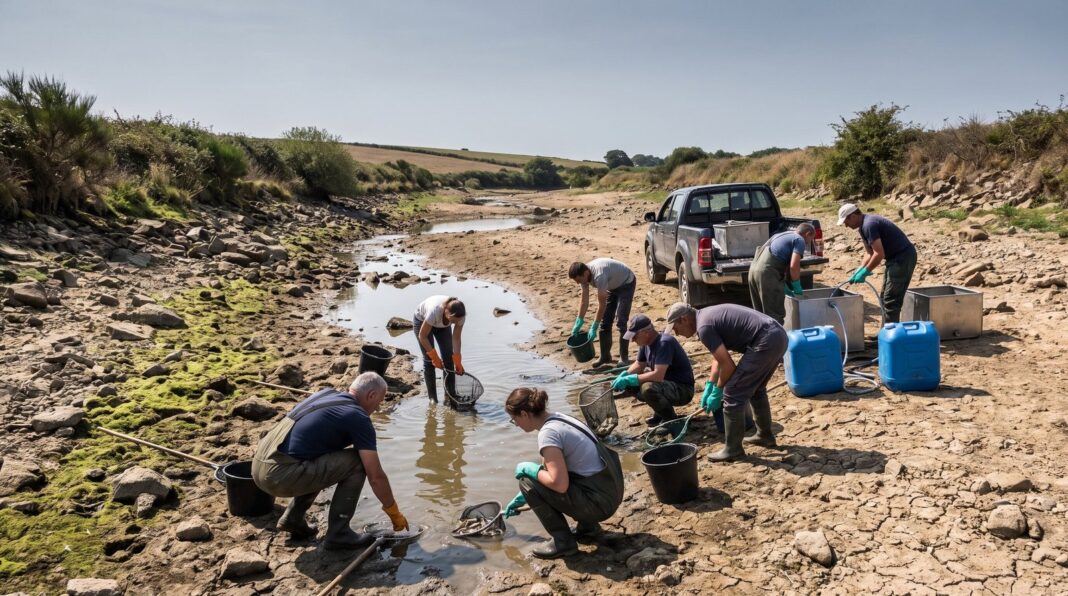Voluntarios con redes rescatan peces en lecho seco de río en Bretaña, Francia